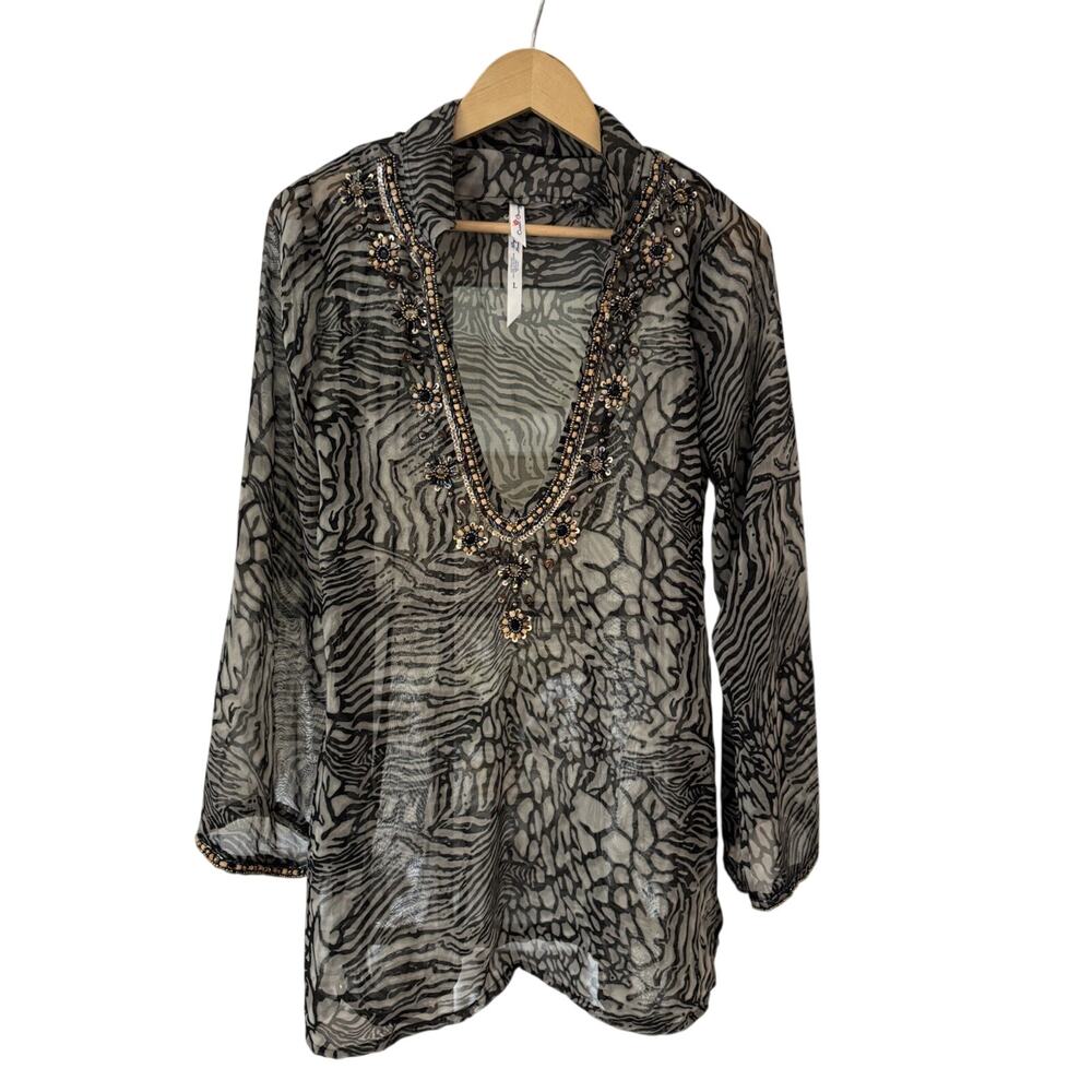 Ocean Breeze boho Beach Sequin Zebra Print Beaded sheer Suit Cover Up Womens L
